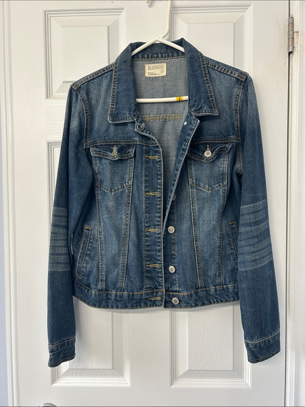 Bluenotes Blue Distressed Women's Jean Jacket with Sleeve Stripe Detail